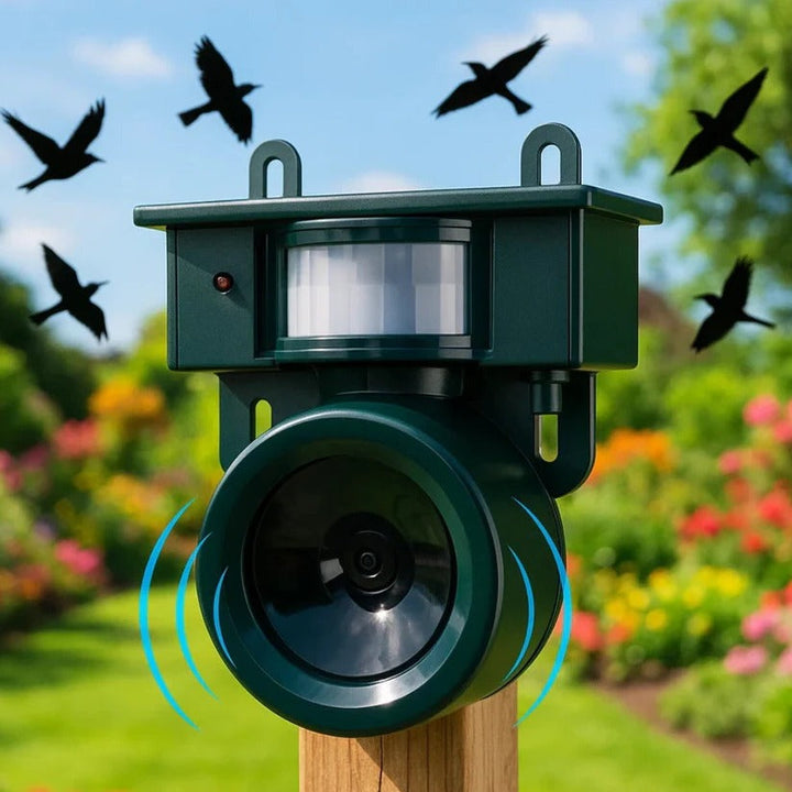 Outdoor motion sensor bird deterrent & pigeon repeller. Solar-powered for effective garden protection.