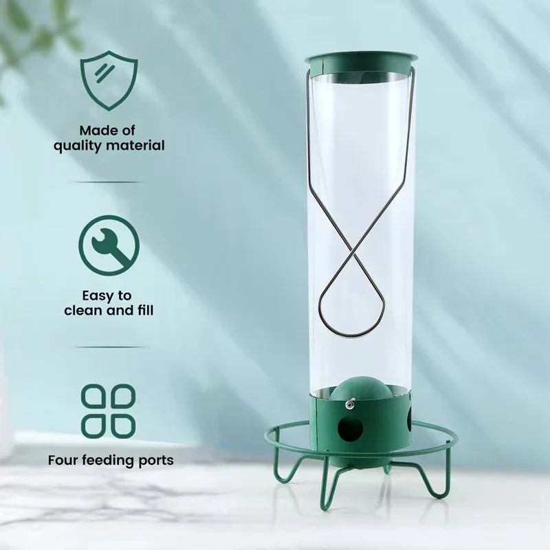 Wild birds feeding peacefully from a hanging outdoor squirrel-proof feeder, enriching your garden's wildlife experience.