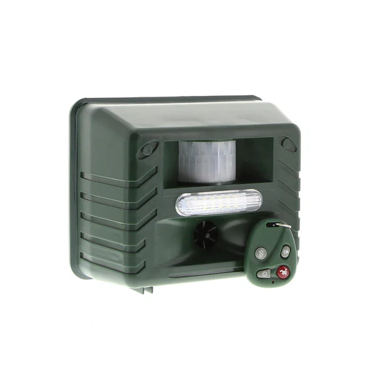 Outdoor ultrasonic woodpecker repeller for humane bird & pest control, protecting gardens.