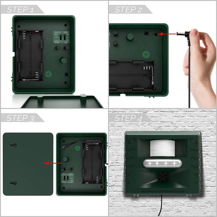 Solar outdoor ultrasonic bird repeller, effective & humane for woodpeckers & pest control.