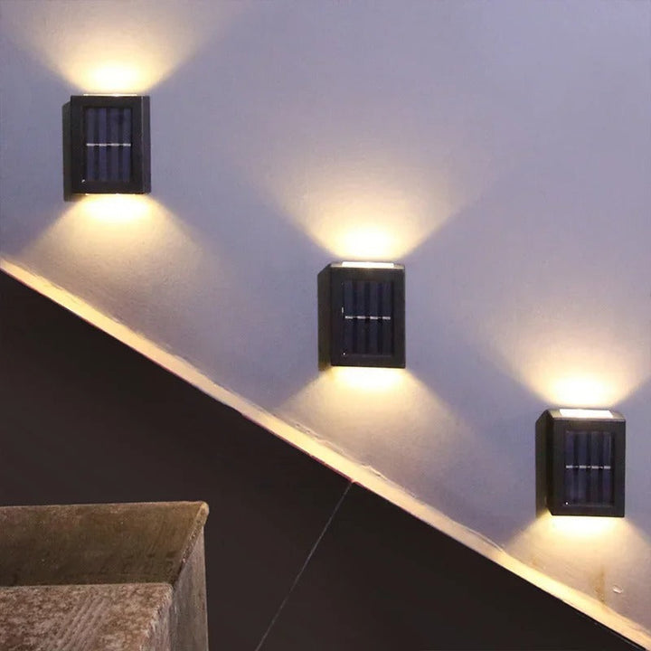 Energy-efficient outdoor solar LED wall lamp. Wireless, automatic garden & patio lighting solution.