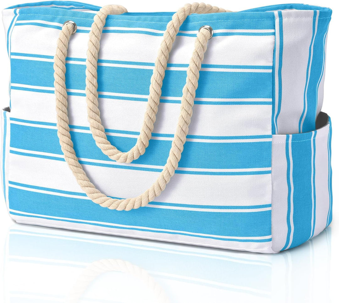 A spacious, sandproof, waterproof oversized tote bag for women's beach and travel needs.
