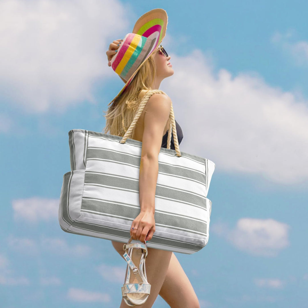 Oversized waterproof women's tote bag, sandproof and durable for beach adventures.