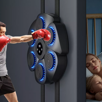 "Pad di boxe musicale con LED RGB, quadrato, nero, ideale per allenamento interattivo e fitness con musica e Bluetooth."