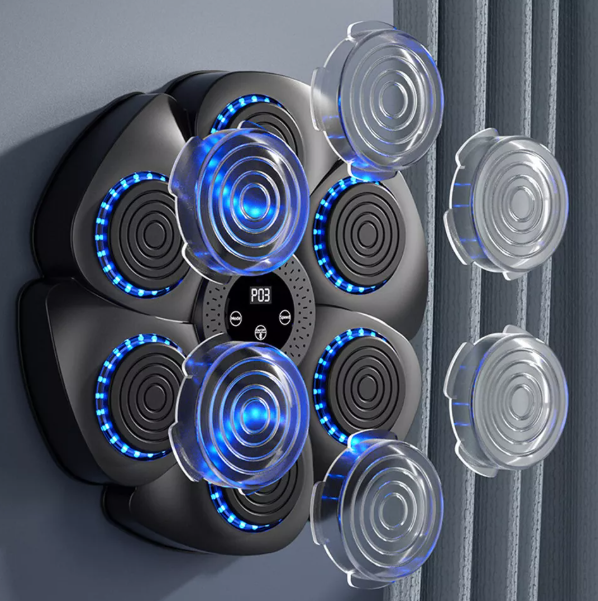 "Pad di boxe musicale con LED RGB, quadrato, nero, ideale per allenamento interattivo e fitness con musica e Bluetooth."