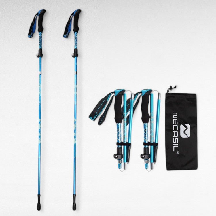Pair of black ergonomic outdoor trekking poles with adjustable height for hiking and outdoor gear.