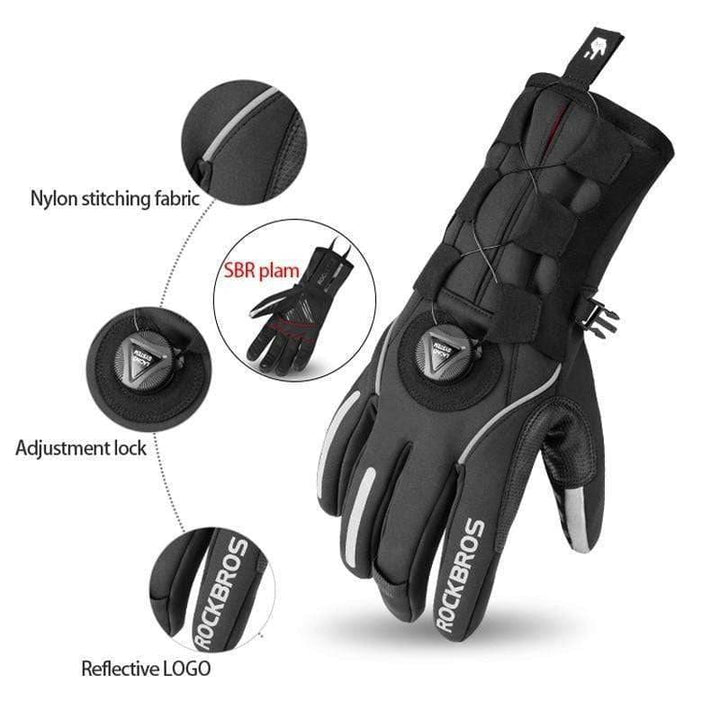 Close-up of a hand wearing a black full finger cycling glove, highlighting touchscreen capability