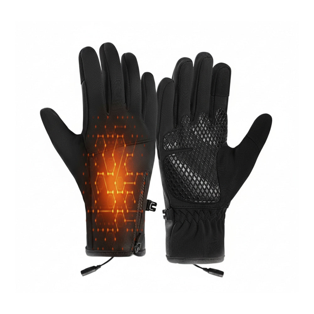 Pair of black unisex heated gloves for winter, showcasing thermal mittens design and rechargeable feature.