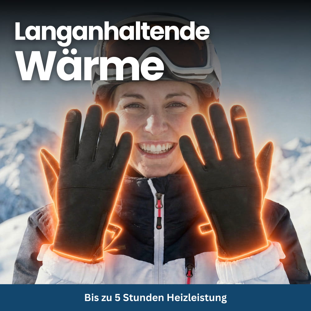 Person wearing black heated gloves while skiing, demonstrating their utility for winter sports and warmth.