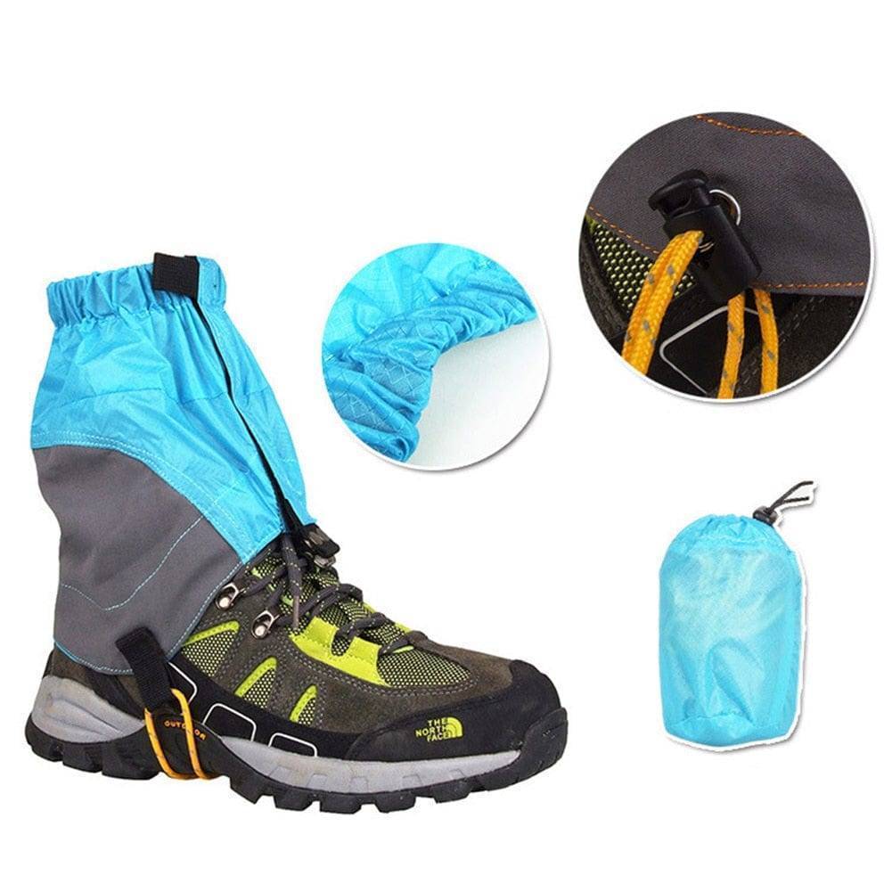 Folded compact waterproof gaiters, ready for camping, hiking & outdoor adventures in snowy conditions.