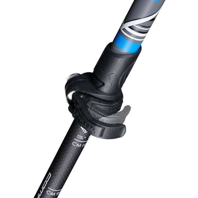 Detailed view of the adjustable height mechanism on a carbon fiber walking stick for trekking.