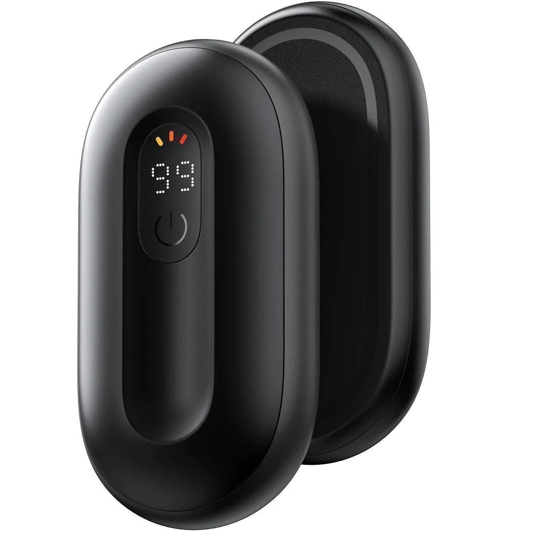 Pair of magnetic rechargeable hand warmers with digital display, ideal for outdoor winter activities