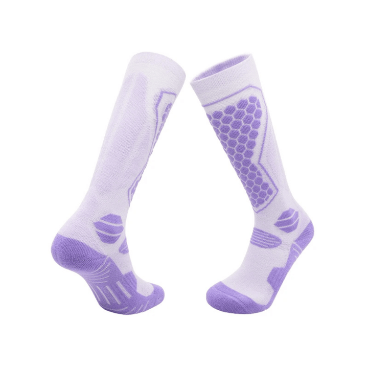 Performance features visible on a black thermal ski sock, such as arch support