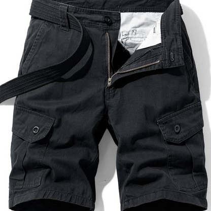 "Pantaloncini cargo uomo in cotone resistente, multi-tasca, colore verde oliva, casual e adatti per avventure all'aperto."
