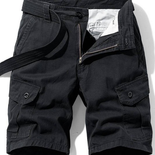 "Pantaloncini cargo uomo in cotone resistente, multi-tasca, colore verde oliva, casual e adatti per avventure all'aperto."