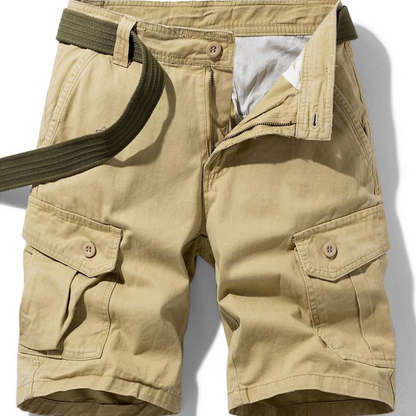 "Pantaloncini cargo uomo in cotone resistente, multi-tasca, colore verde oliva, casual e adatti per avventure all'aperto."