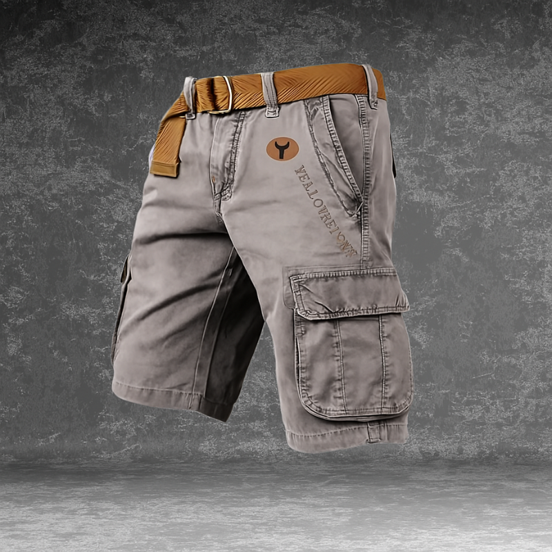 "Pantaloncini cargo uomo in cotone verde militare con tasche spaziose e design ergonomico, perfetti per l'avventura."