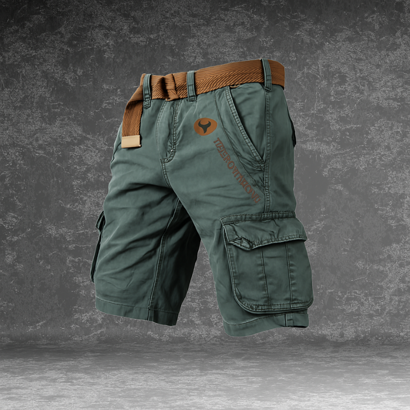"Pantaloncini cargo uomo in cotone verde militare con tasche spaziose e design ergonomico, perfetti per l'avventura."