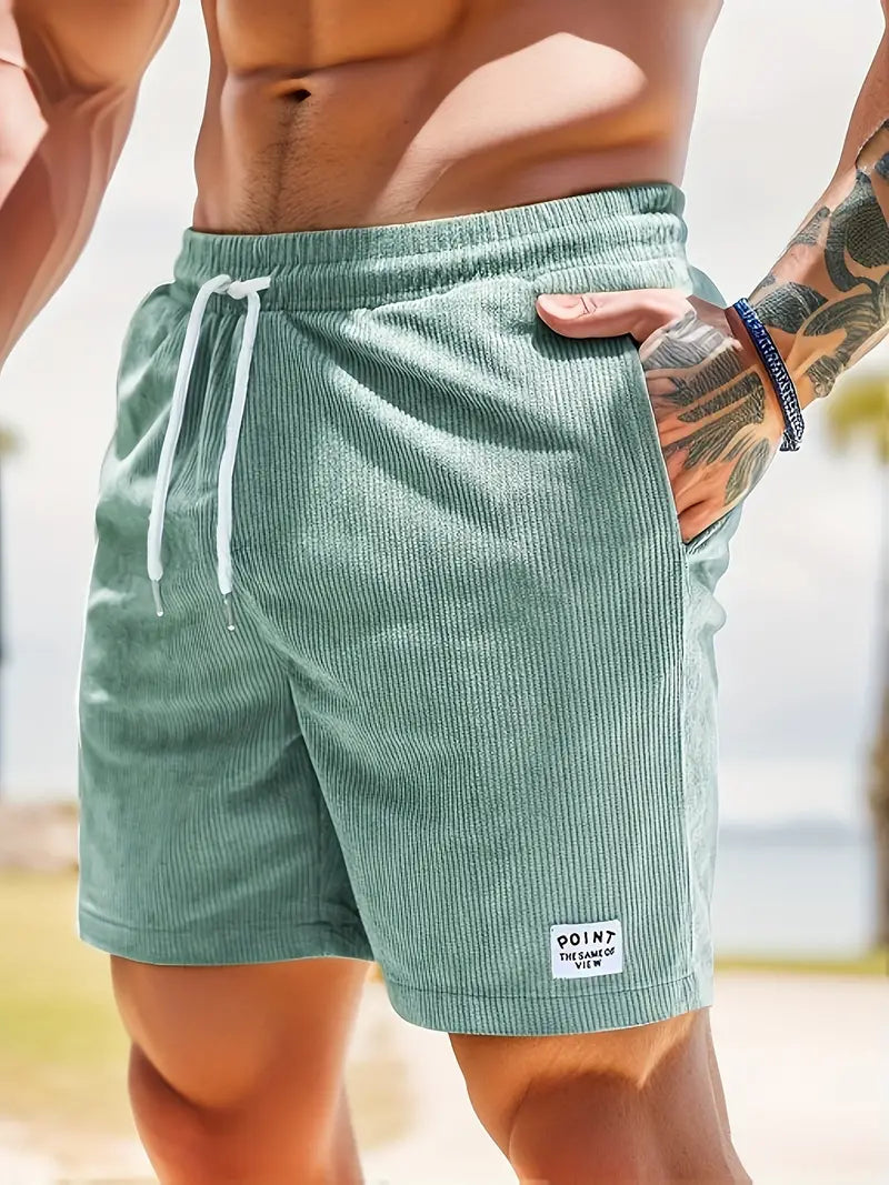 "Pantaloncini da bagno beige da uomo, asciugatura rapida, elastico in vita, coulisse, tasche, design elegante e leggero."
