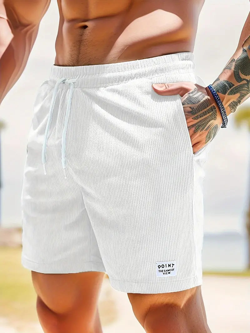 "Pantaloncini da bagno beige da uomo, asciugatura rapida, elastico in vita, coulisse, tasche, design elegante e leggero."