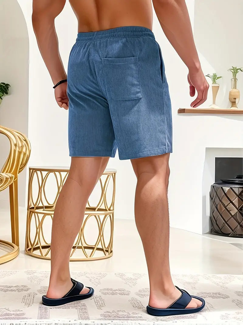 "Pantaloncini da bagno beige da uomo, asciugatura rapida, elastico in vita, coulisse, tasche, design elegante e leggero."