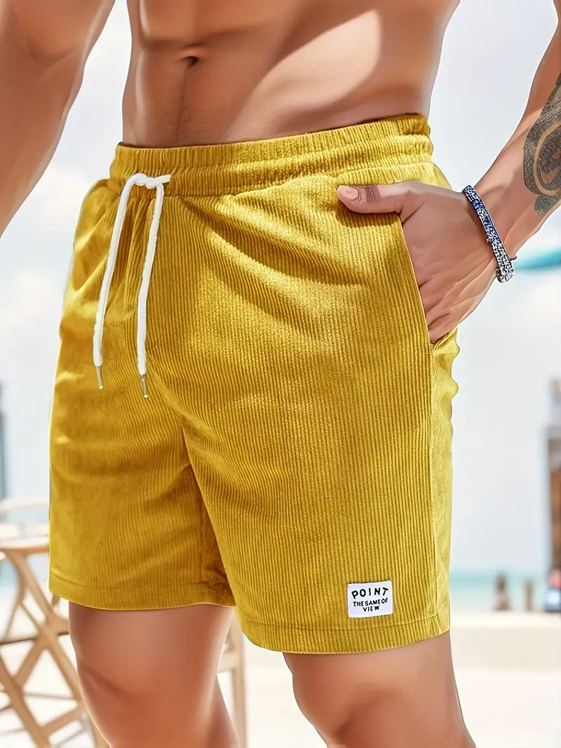 "Pantaloncini da bagno beige da uomo, asciugatura rapida, elastico in vita, coulisse, tasche, design elegante e leggero."