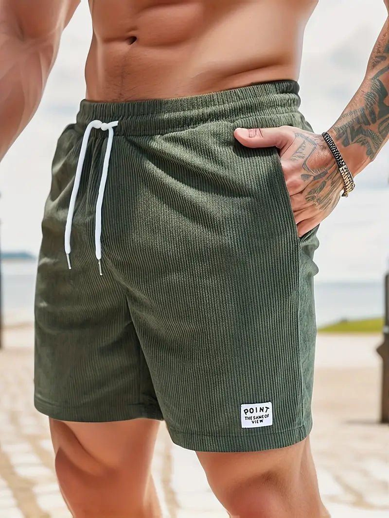 "Pantaloncini da bagno beige da uomo, asciugatura rapida, elastico in vita, coulisse, tasche, design elegante e leggero."