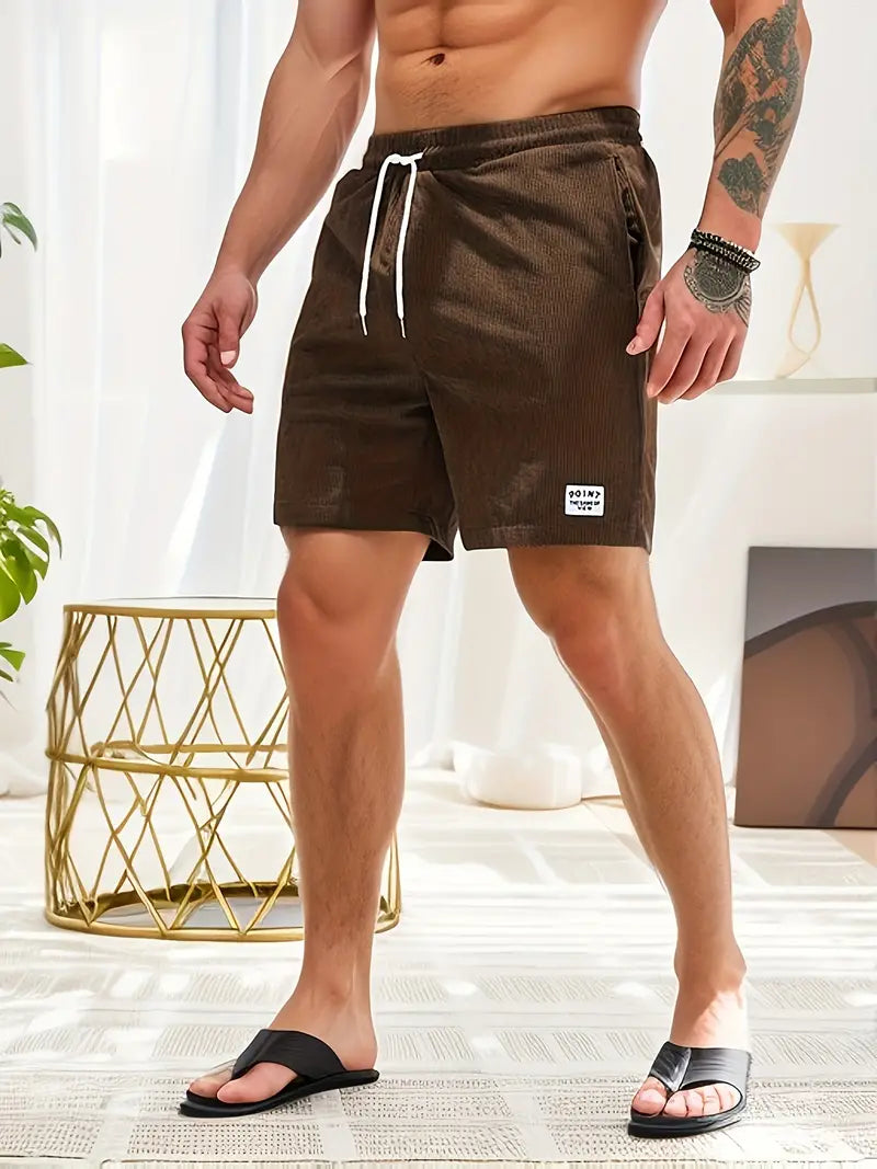 "Pantaloncini da bagno beige da uomo, asciugatura rapida, elastico in vita, coulisse, tasche, design elegante e leggero."