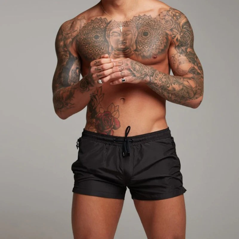 "Pantaloncini da bagno uomo, tessuto blu, asciugatura rapida, elastico 4 vie, ideali per l'estate, vita elastica con coulisse