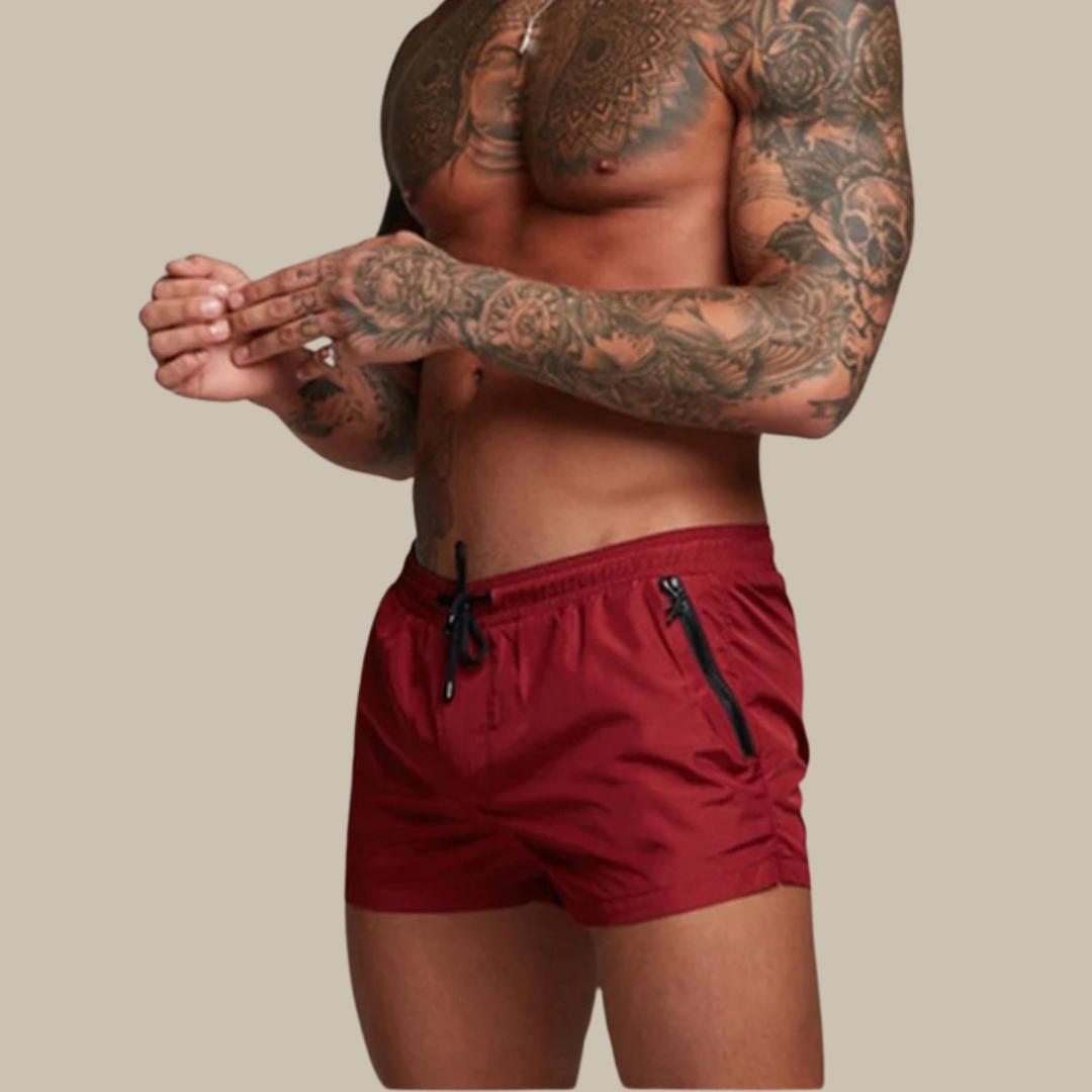 "Pantaloncini da bagno uomo, tessuto blu, asciugatura rapida, elastico 4 vie, ideali per l'estate, vita elastica con coulisse