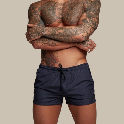 "Pantaloncini da bagno uomo, tessuto blu, asciugatura rapida, elastico 4 vie, ideali per l'estate, vita elastica con coulisse