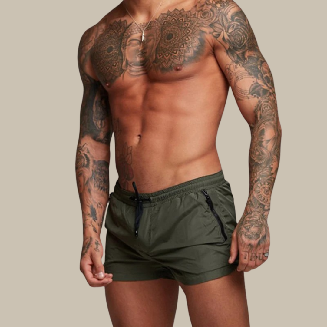 "Pantaloncini da bagno uomo, tessuto blu, asciugatura rapida, elastico 4 vie, ideali per l'estate, vita elastica con coulisse