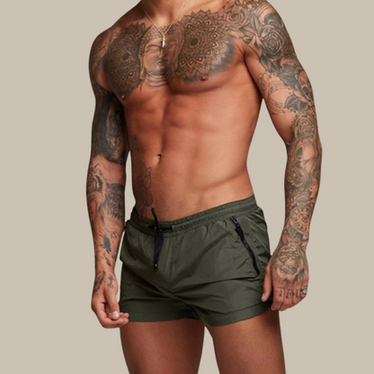 "Pantaloncini da bagno uomo, tessuto blu, asciugatura rapida, elastico 4 vie, ideali per l'estate, vita elastica con coulisse