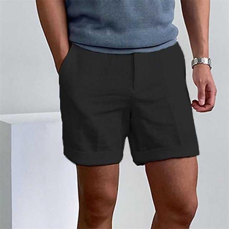 "Pantaloncini estivi da uomo in lino natural fango con orlo sfrangiato, stile casual chic, adatti per giornate calde."