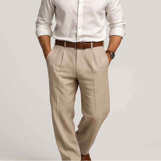 "Pantaloni da uomo in cotone e lino, stile casual, grigi, gamba dritta, tasche funzionali, tessuto traspirante e morbido."