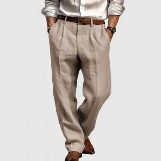 "Pantaloni da uomo in cotone e lino, stile casual, grigi, gamba dritta, tasche funzionali, tessuto traspirante e morbido."
