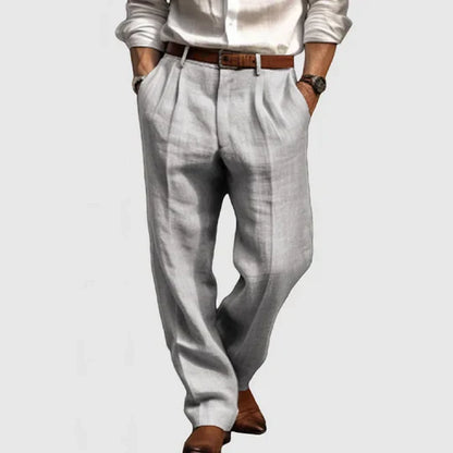 "Pantaloni da uomo in cotone e lino, stile casual, grigi, gamba dritta, tasche funzionali, tessuto traspirante e morbido."