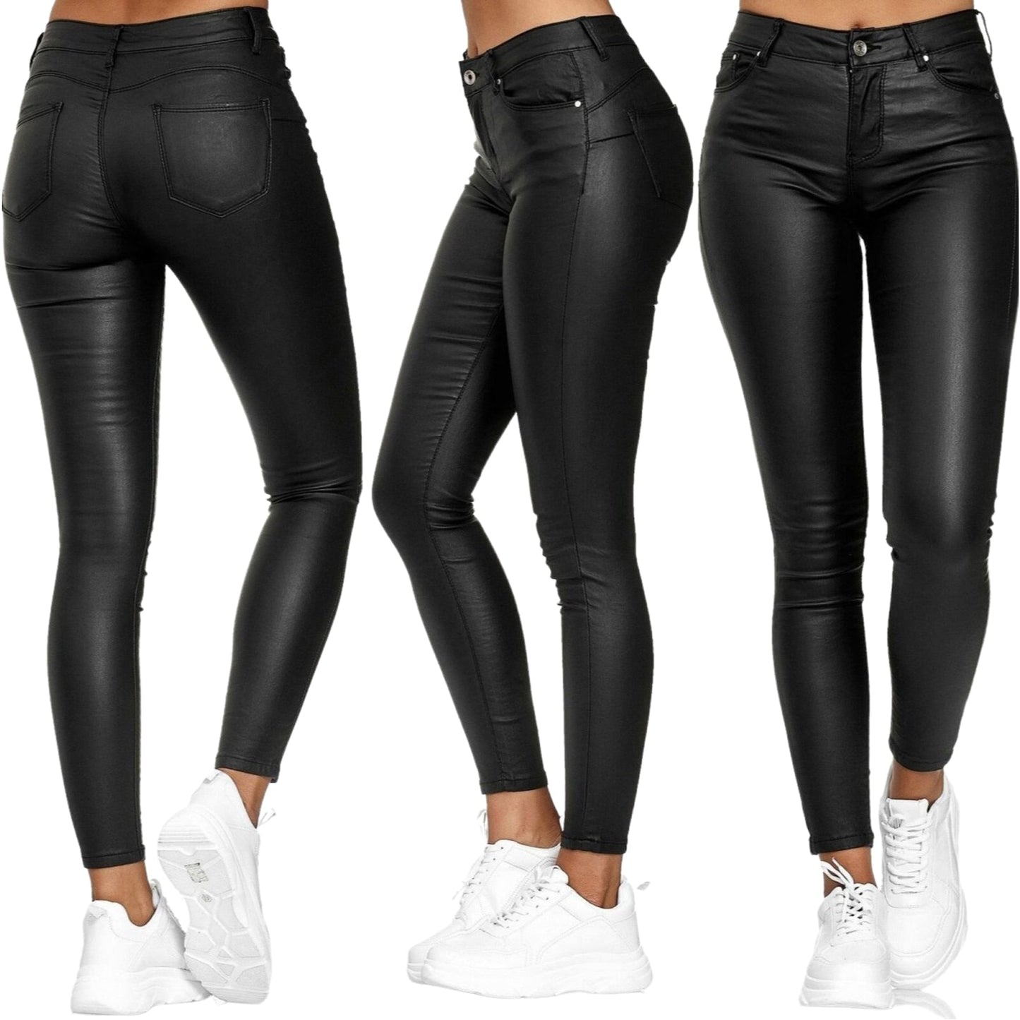 "Pantaloni donna in pelle elasticizzati neri, eleganti e versatili, ideali per un look chic autunnale."