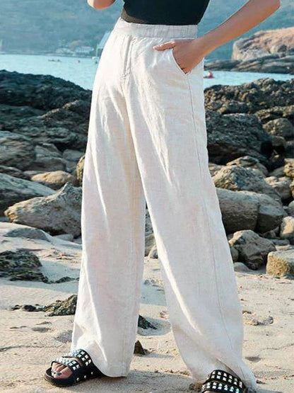 "Pantaloni donna lino estivi, vita alta, gamba larga, leggeri, traspiranti, color beige, perfetti per giornate calde ed elega