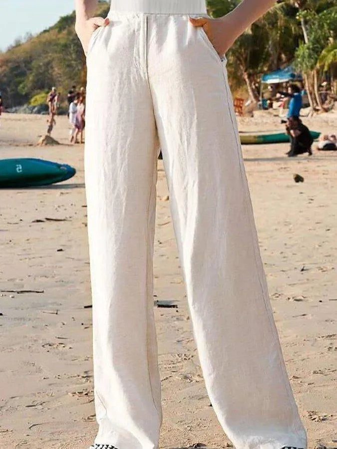 "Pantaloni donna lino estivi, vita alta, gamba larga, leggeri, traspiranti, color beige, perfetti per giornate calde ed elega