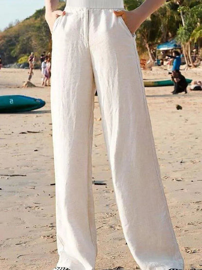 "Pantaloni donna lino estivi, vita alta, gamba larga, leggeri, traspiranti, color beige, perfetti per giornate calde ed elega