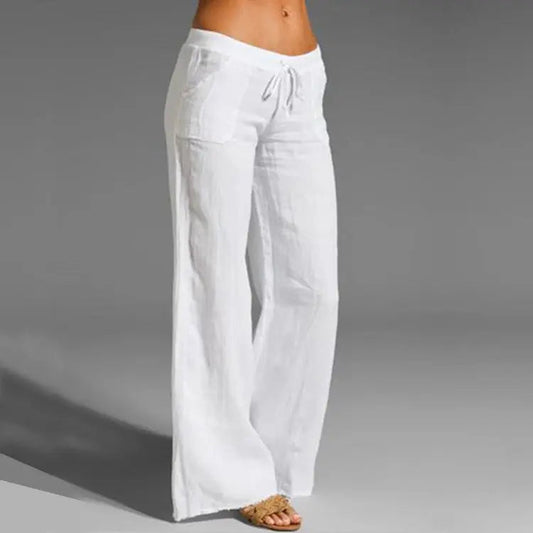 "Pantaloni estivi da donna in lino leggeri, vestibilità rilassata, colore naturale, ideali per look eleganti e freschi."