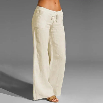 "Pantaloni estivi da donna in lino leggeri, vestibilità rilassata, colore naturale, ideali per look eleganti e freschi."