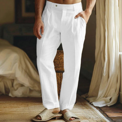 "Pantaloni estivi in lino uomo beige, leggeri e traspiranti, vestibilità casual per un look fresco e rilassato."