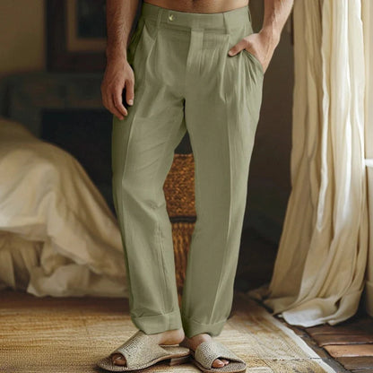 "Pantaloni estivi in lino uomo beige, leggeri e traspiranti, vestibilità casual per un look fresco e rilassato."