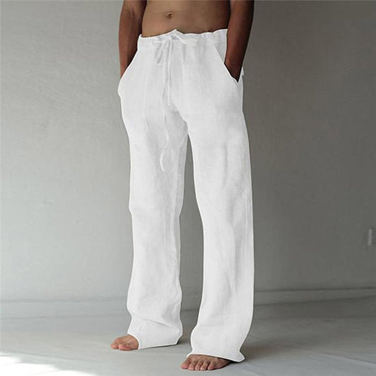 "Pantaloni in lino casual da uomo, vestibilità rilassata, disponibili in colori estivi, perfetti per giornate calde."