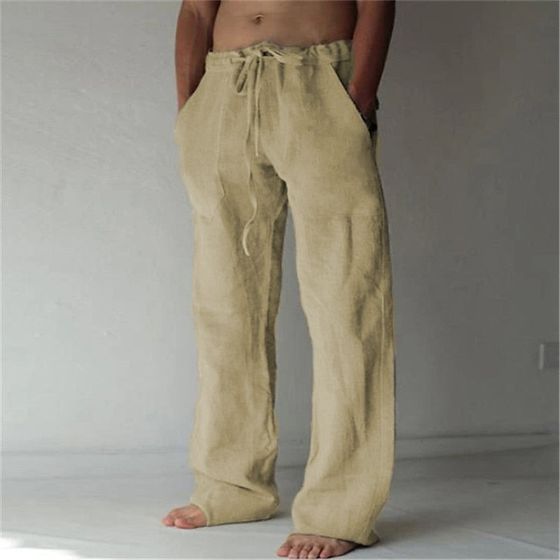 "Pantaloni in lino casual da uomo, vestibilità rilassata, disponibili in colori estivi, perfetti per giornate calde."