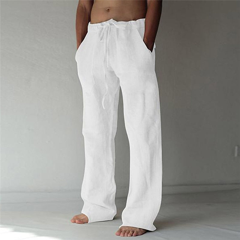 "Pantaloni in lino casual da uomo, vestibilità rilassata, disponibili in colori estivi, perfetti per giornate calde."
