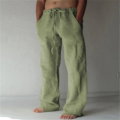 "Pantaloni in lino casual da uomo, vestibilità rilassata, disponibili in colori estivi, perfetti per giornate calde."
