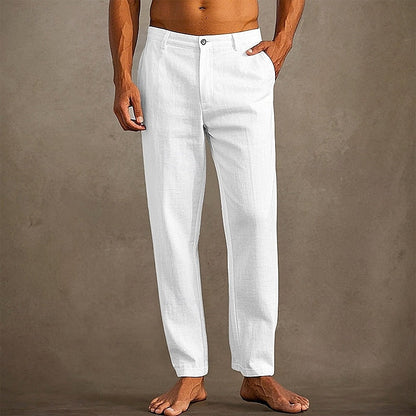 "Pantaloni in lino estivi da uomo, colore chiaro, vestibilità casual, tessuto leggero e traspirante per massima freschezza."